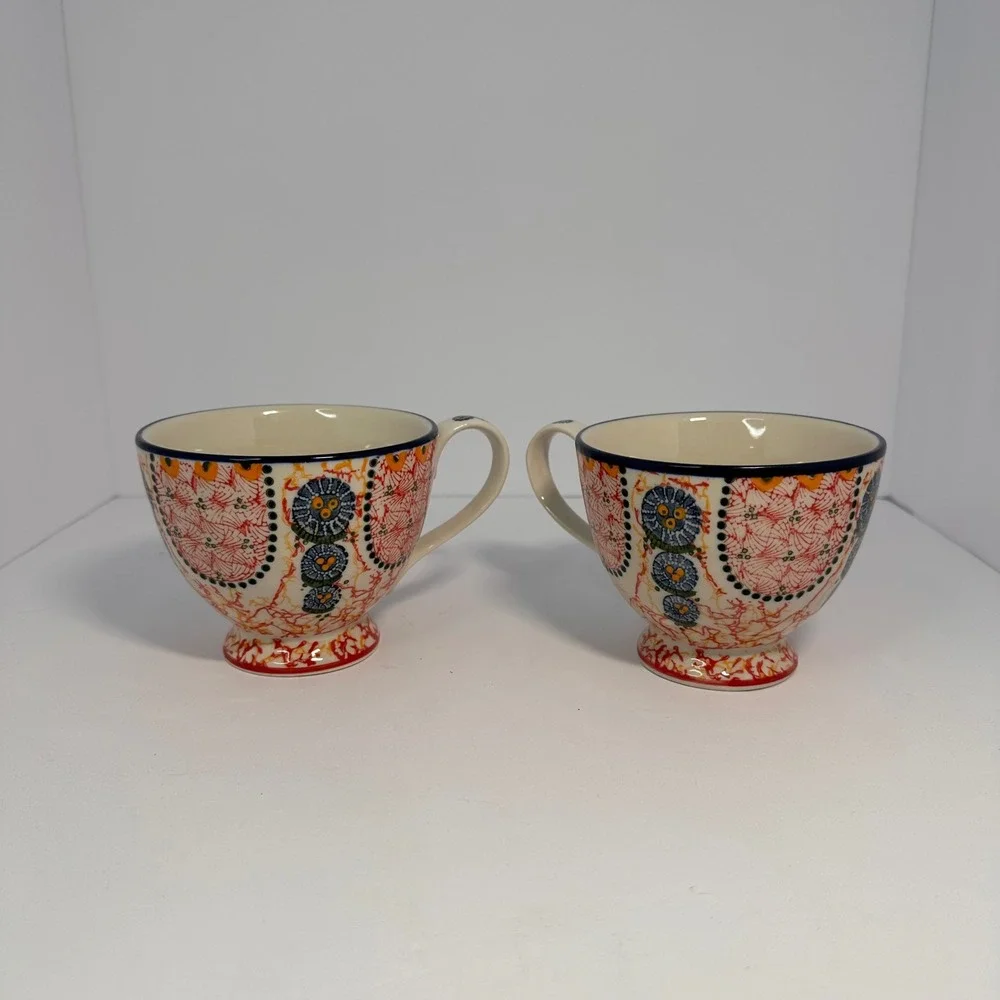 Anthropologie Bird Logo Footed‎ Mugs Set of 2 Multicolor Folk Art Ceramic Cups - Picture 2 of 6